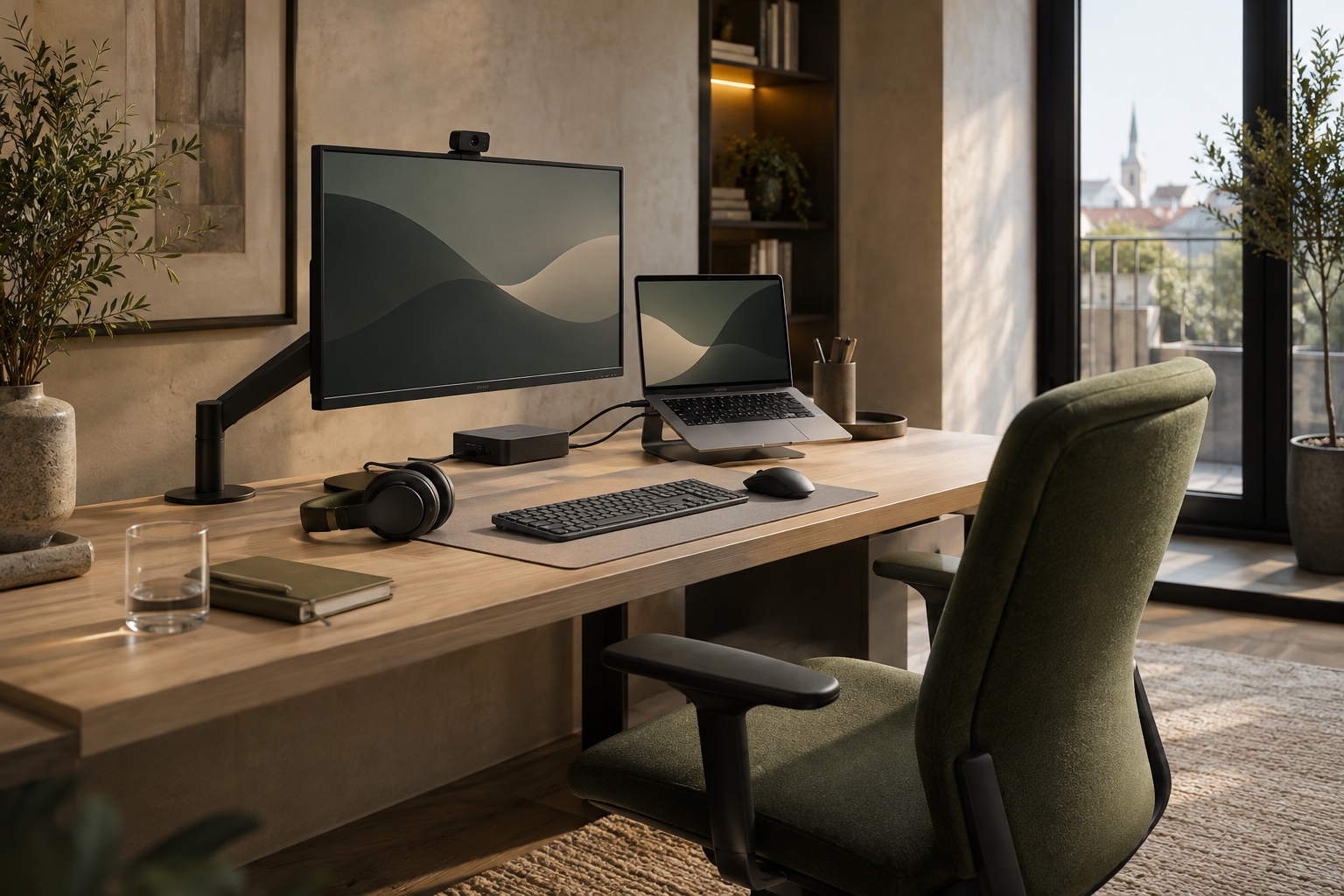 Homeoffice mit Monitor am Schwenkarm, Webcam, Laptop auf einem Ständer, Dockingstation, Tastatur, Maus und Kopfhörer.