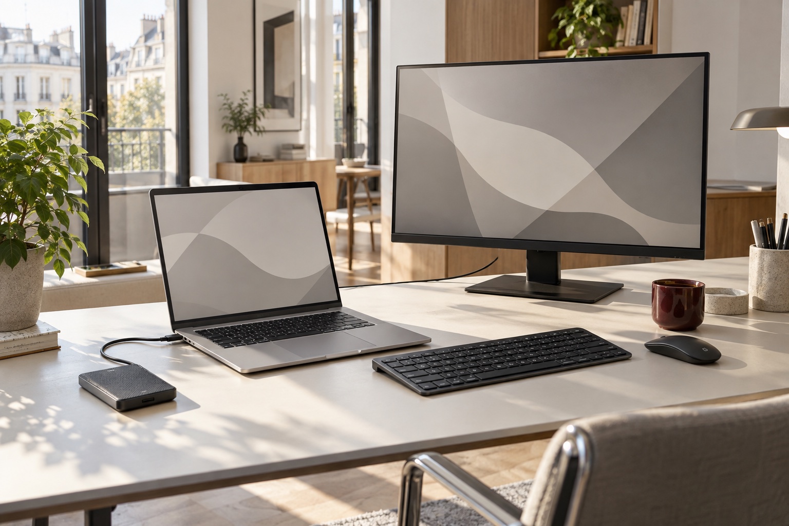 Laptop mit externem Bildschirm, Tastatur, Maus und angeschlossenem Laufwerk auf einem hellen Schreibtisch.