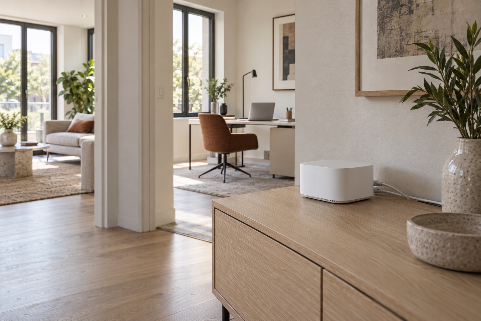 Weißer WLAN-Router mit zwei angeschlossenen Kabeln auf einem Sideboard; durch eine offene Tür ist ein Arbeitsplatz mit Laptop zu sehen.